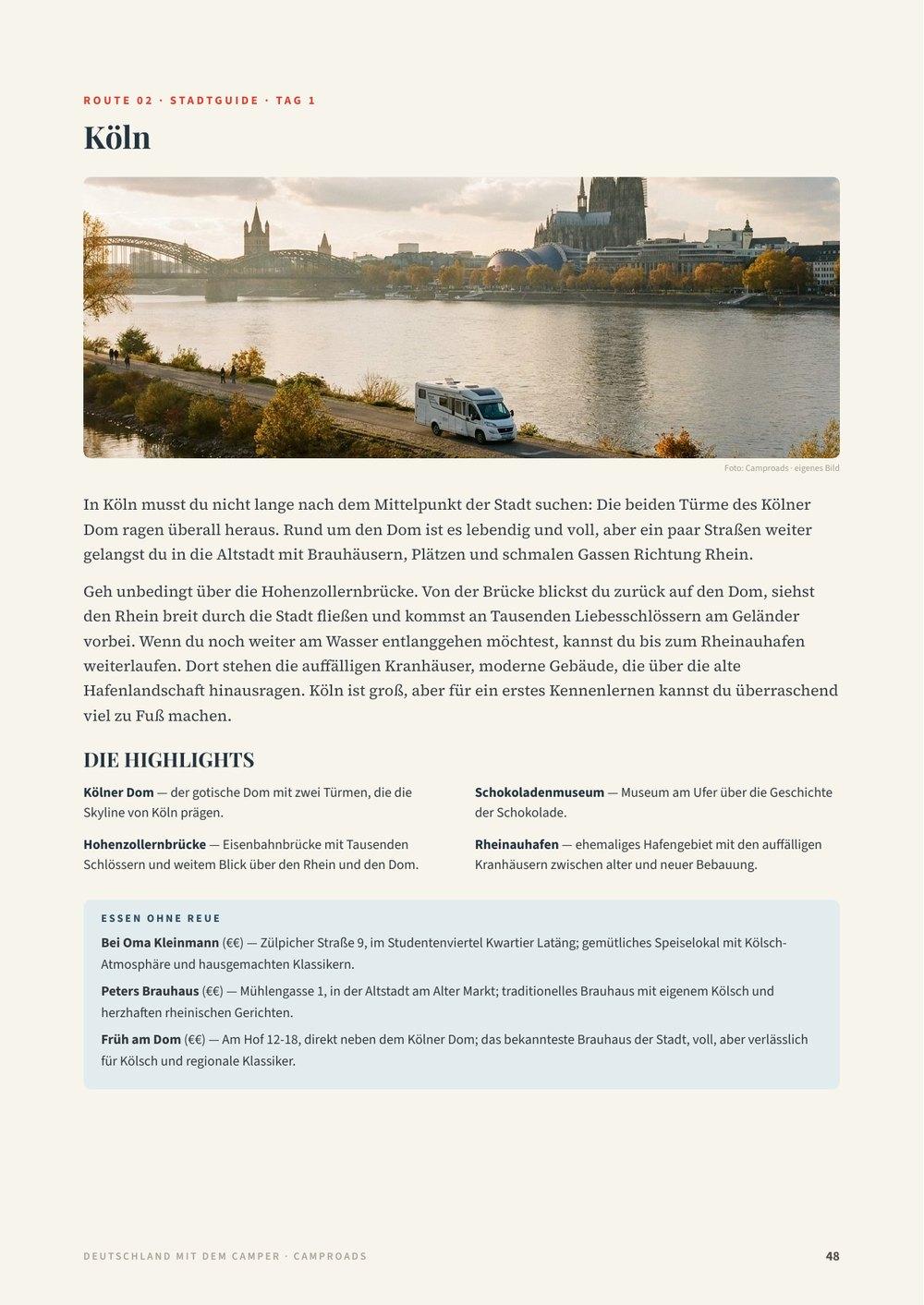 Stadtführer-Seite Köln aus dem Deutschland-Reiseführer mit Panoramafoto von Rhein und Dom, den Highlights und Restauranttipps
