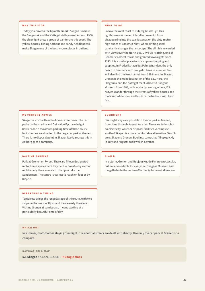 Practical day page from the Denmark guide on Skagen with motorhome advice, overnight area, Plan B and GPS with a Google Maps link
