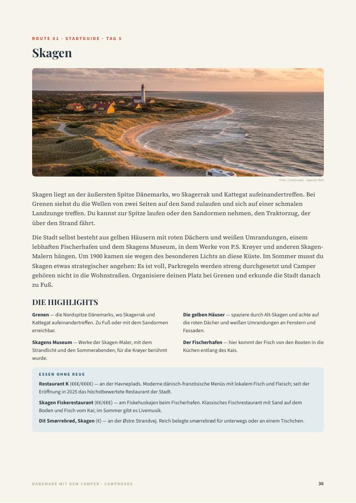 Stadtführer-Seite Skagen aus dem Dänemark-Reiseführer mit Panoramafoto des Hafens, den Highlights und Restauranttipps