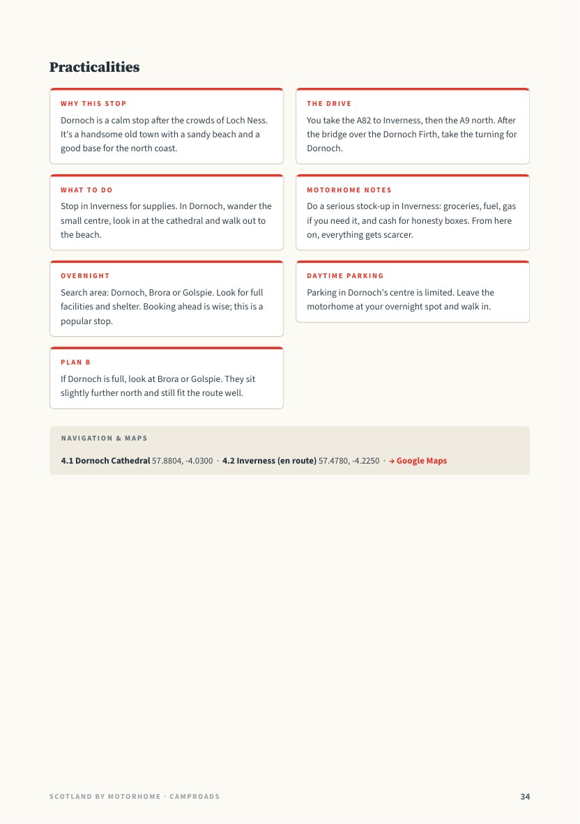 Day 4 practical page with GPS, campervan advice and Plan B
