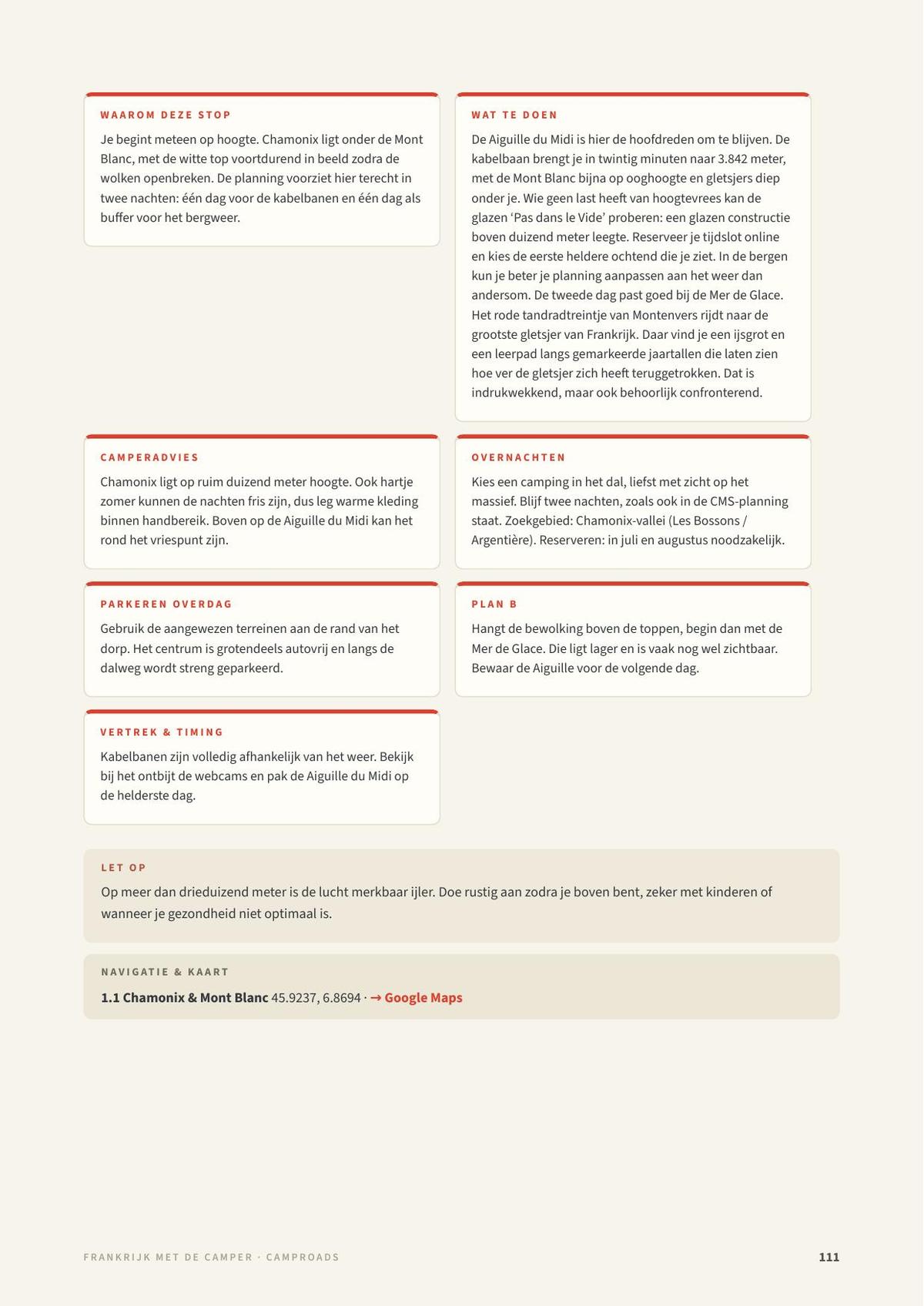 Praktische dagpagina uit de Frankrijk-gids met camperadvies, overnachten, Plan B en GPS met Google Maps-link