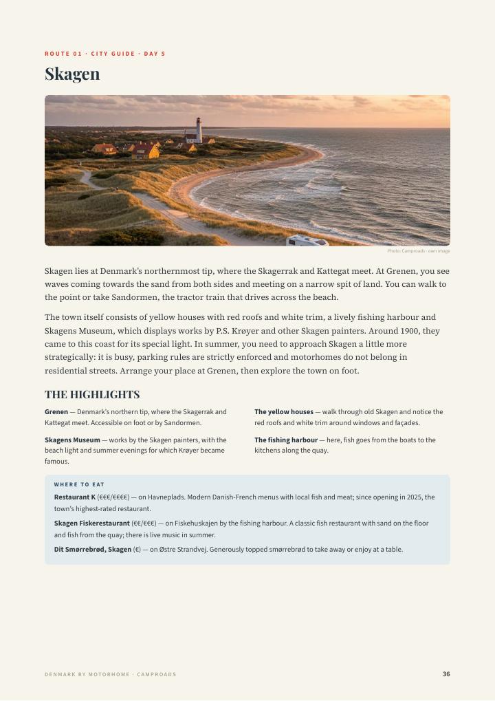 City guide page for Skagen from the Denmark guide with a panorama photo of the harbour, the highlights and restaurant tips