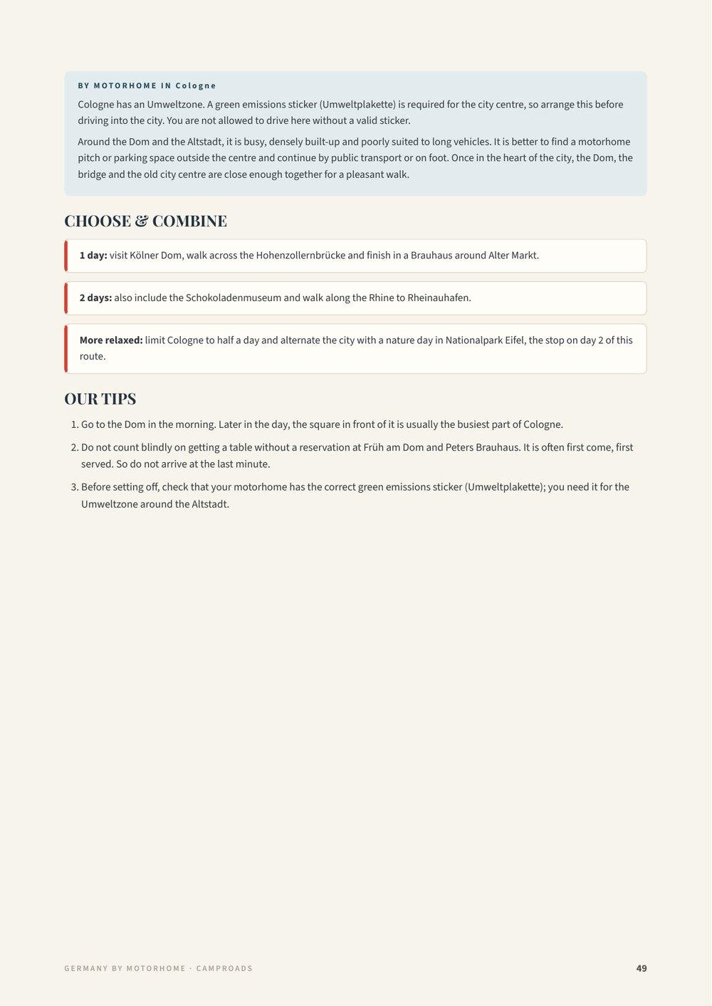 Follow-up page of the Cologne city guide with motorhome advice, choose & combine and numbered tips