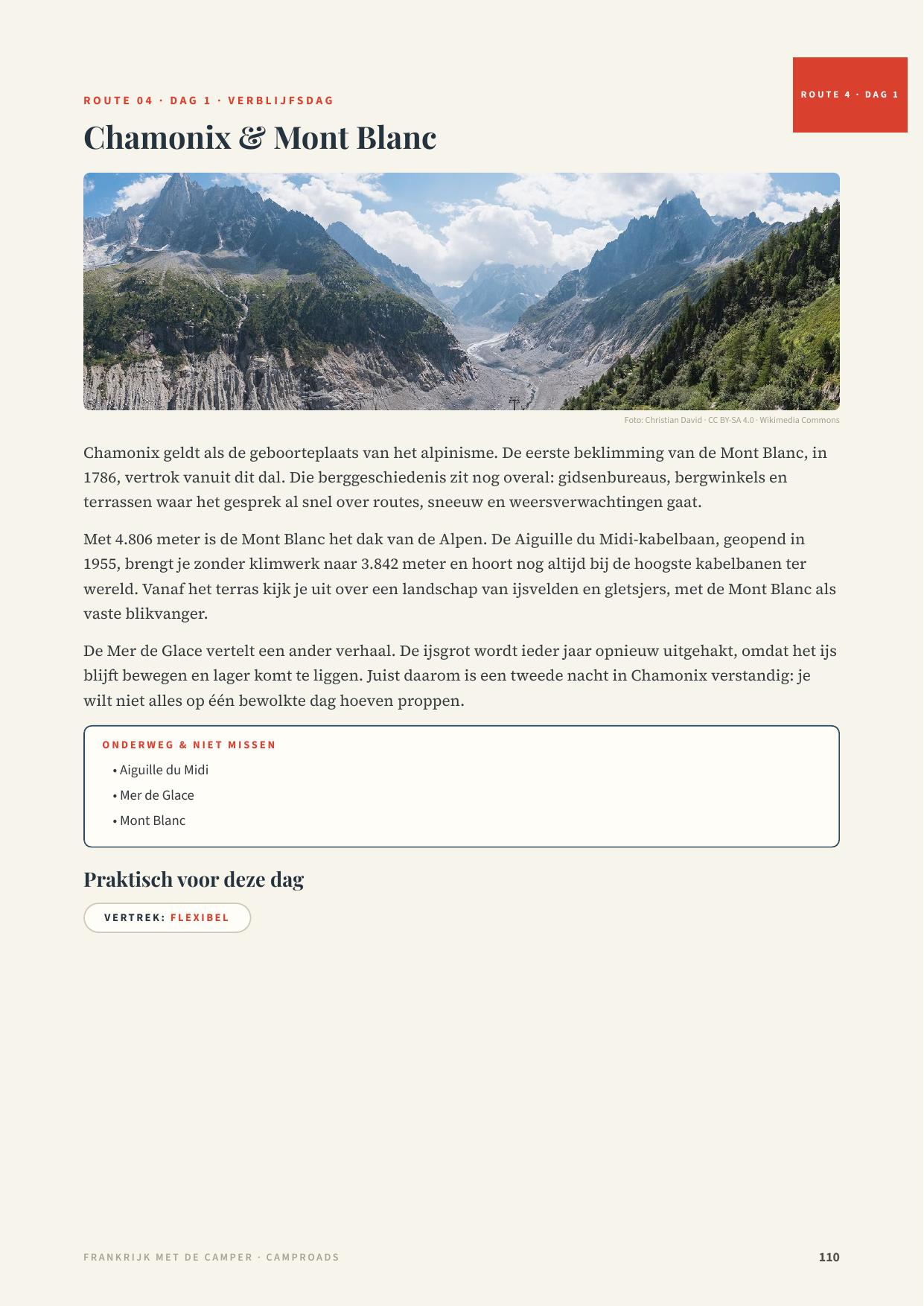 Dagpagina uit de Frankrijk-gids: Chamonix & Mont Blanc met panoramafoto en het verhaal van de dag