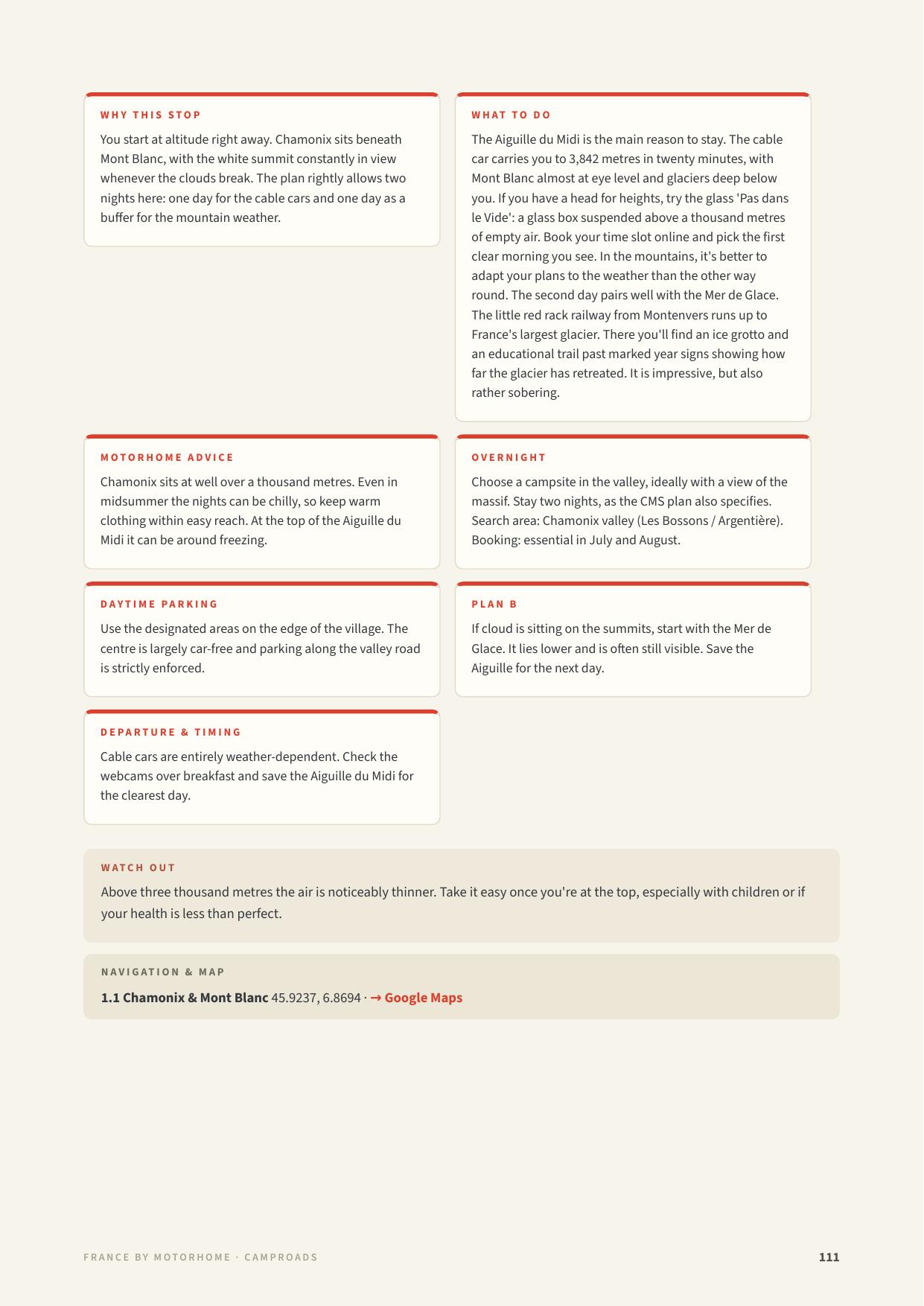 Practical day page from the France guide with campervan advice, overnight area, Plan B and GPS with a Google Maps link