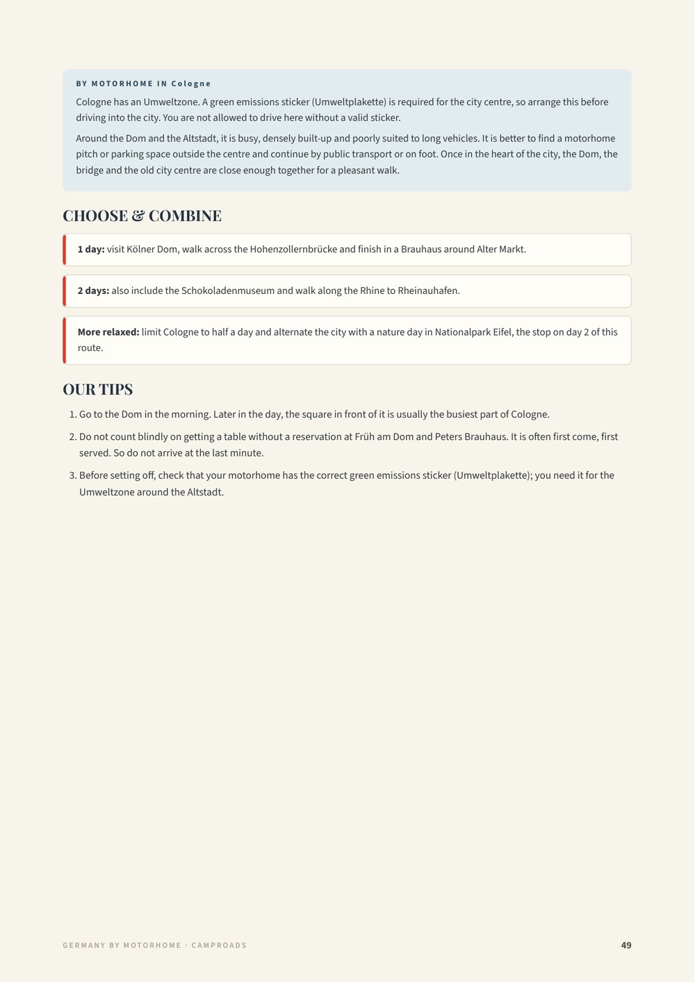 Follow-up page of the Cologne city guide with motorhome advice, choose & combine and numbered tips