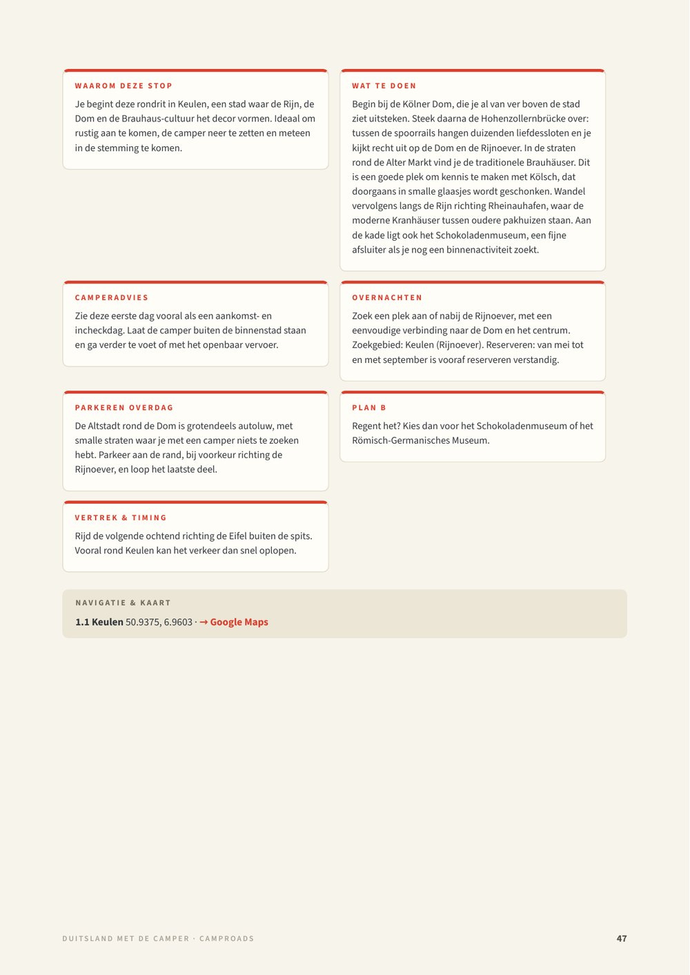 Praktische dagpagina uit de Duitsland-gids over Keulen met camperadvies, overnachten, Plan B en GPS met Google Maps-link