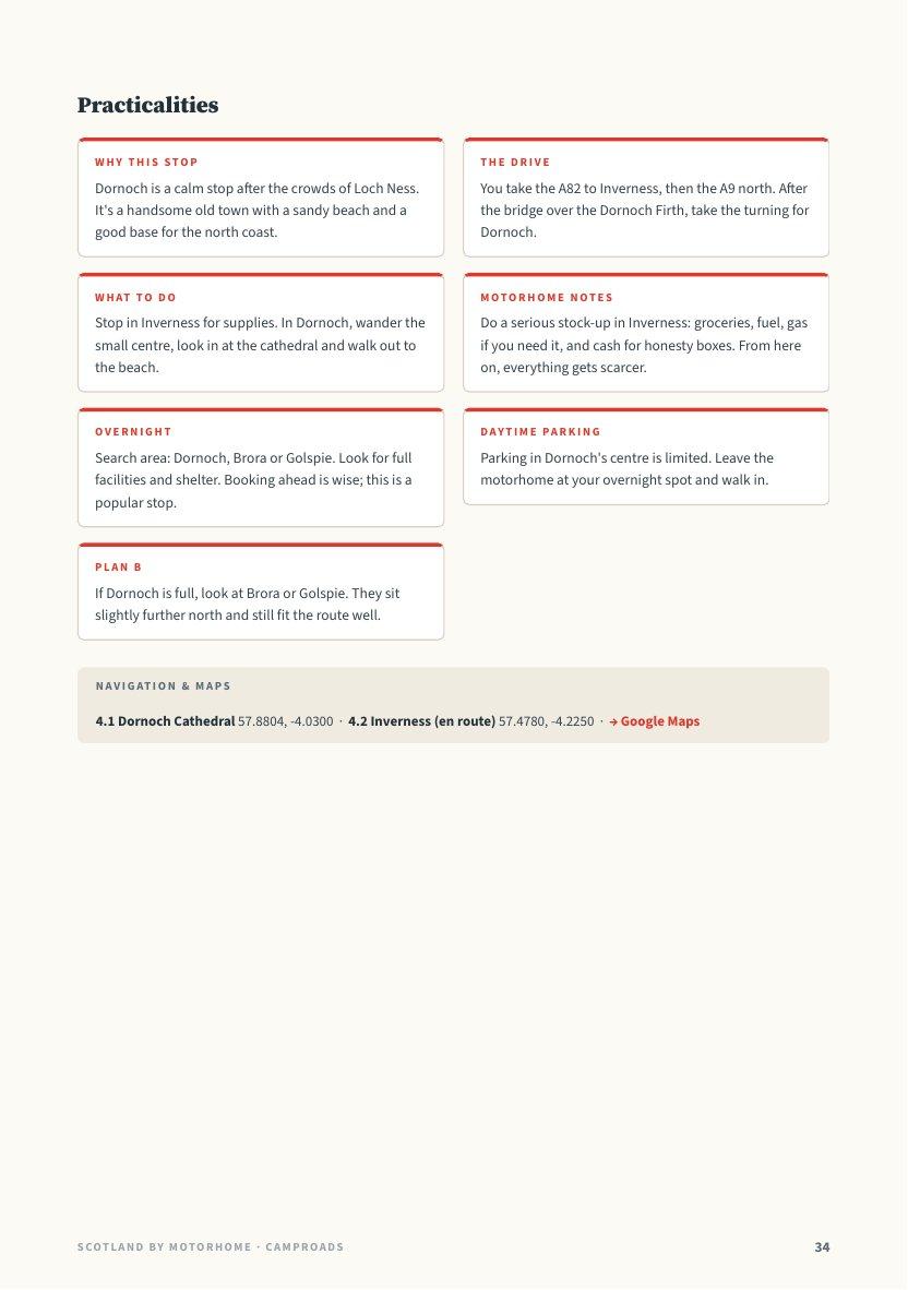 Day 4 practical page with GPS, campervan advice and Plan B