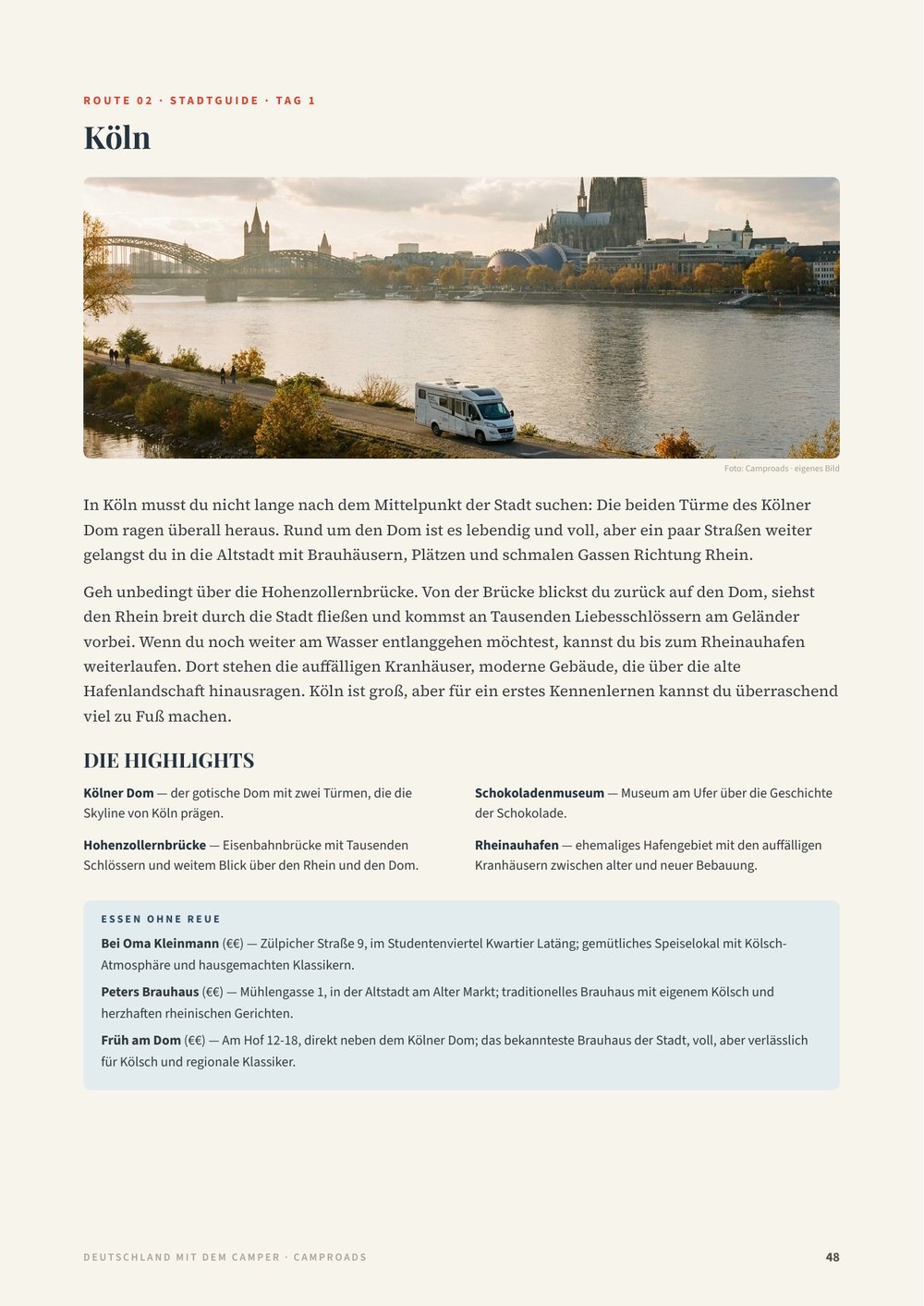 Stadtführer-Seite Köln aus dem Deutschland-Reiseführer mit Panoramafoto von Rhein und Dom, den Highlights und Restauranttipps