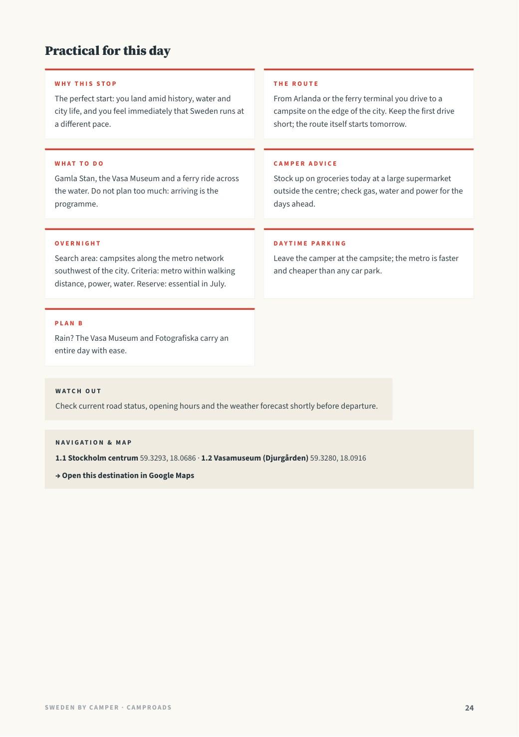 Day 1 practical page with motorhome advice and plan B
