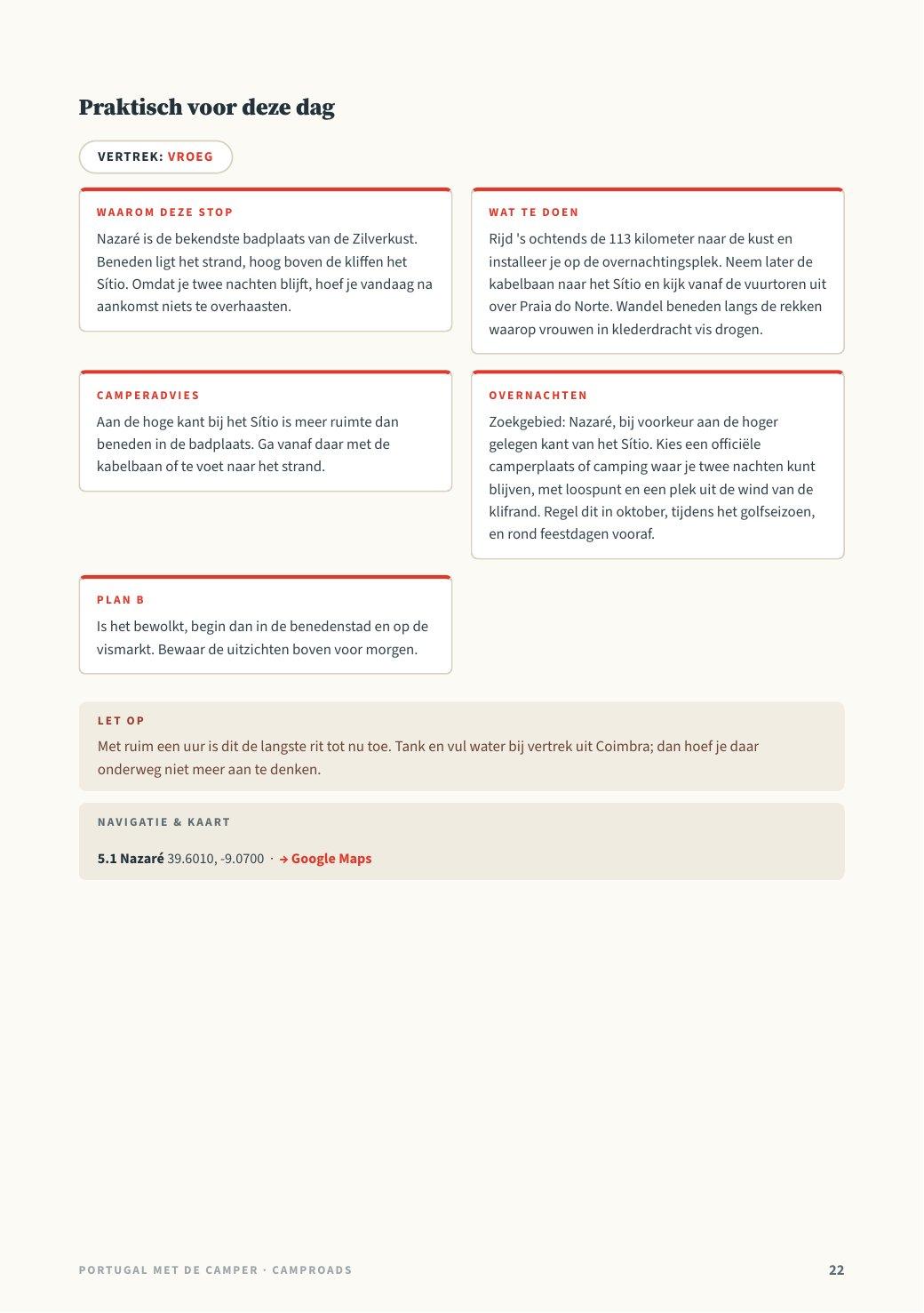 Dag 5 praktische pagina met GPS, camperadvies en Plan B