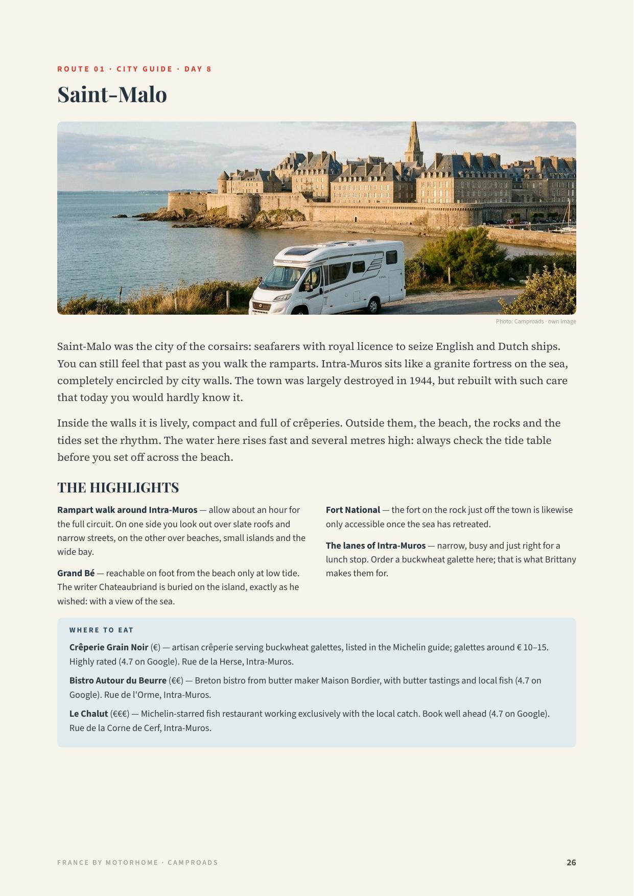 City guide page for Saint-Malo from the France guide with a panorama photo of the walled town, the highlights and restaurant tips