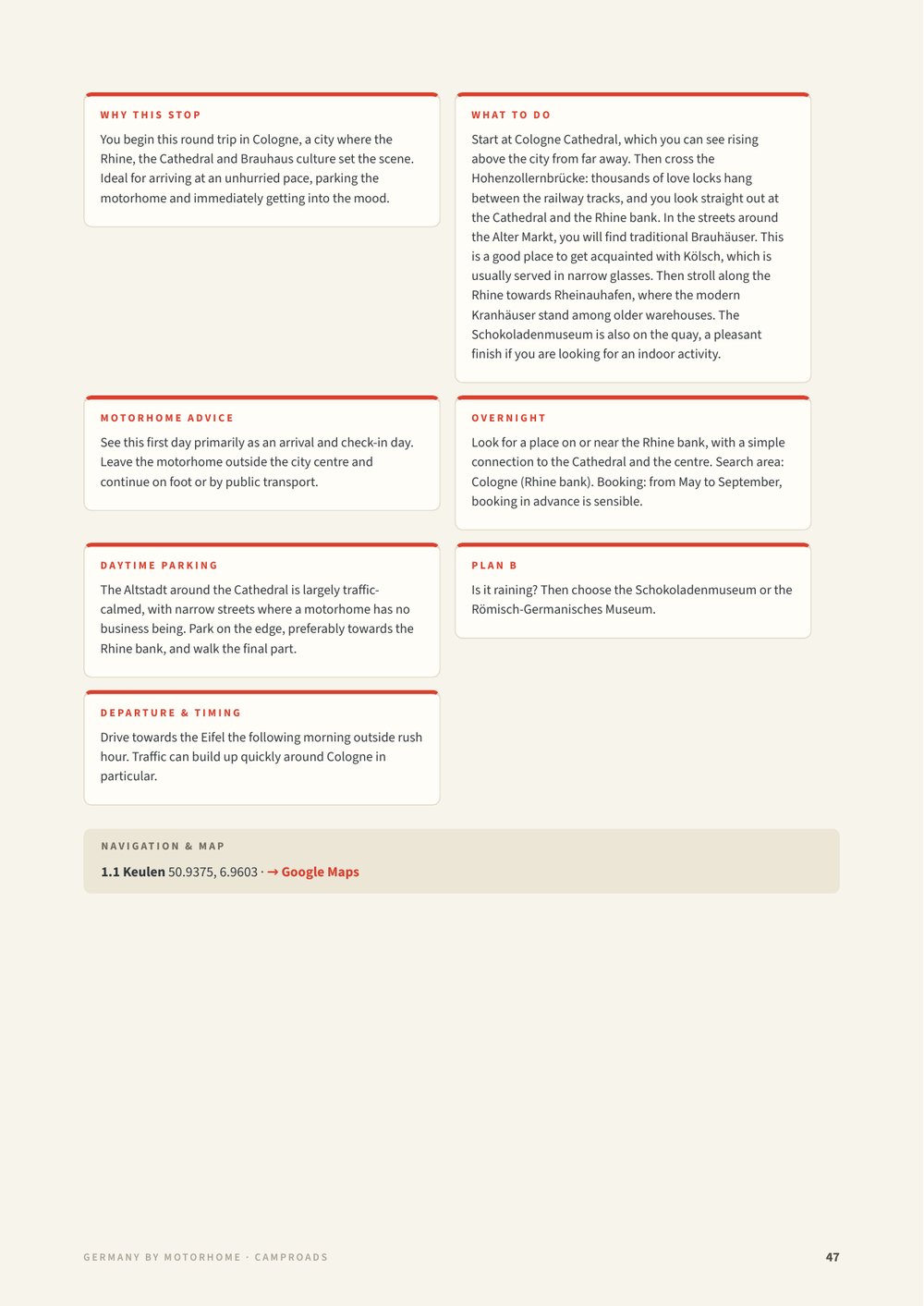 Practical day page from the Germany guide on Cologne with campervan advice, overnight area, Plan B and GPS with a Google Maps link