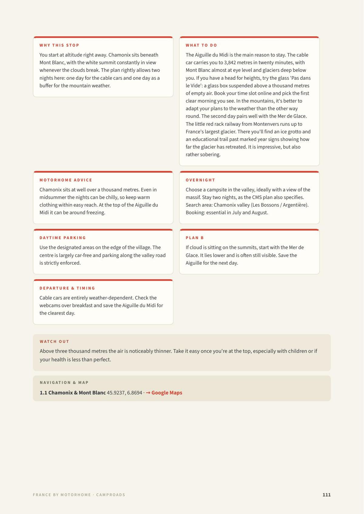 Practical day page from the France guide with campervan advice, overnight area, Plan B and GPS with a Google Maps link