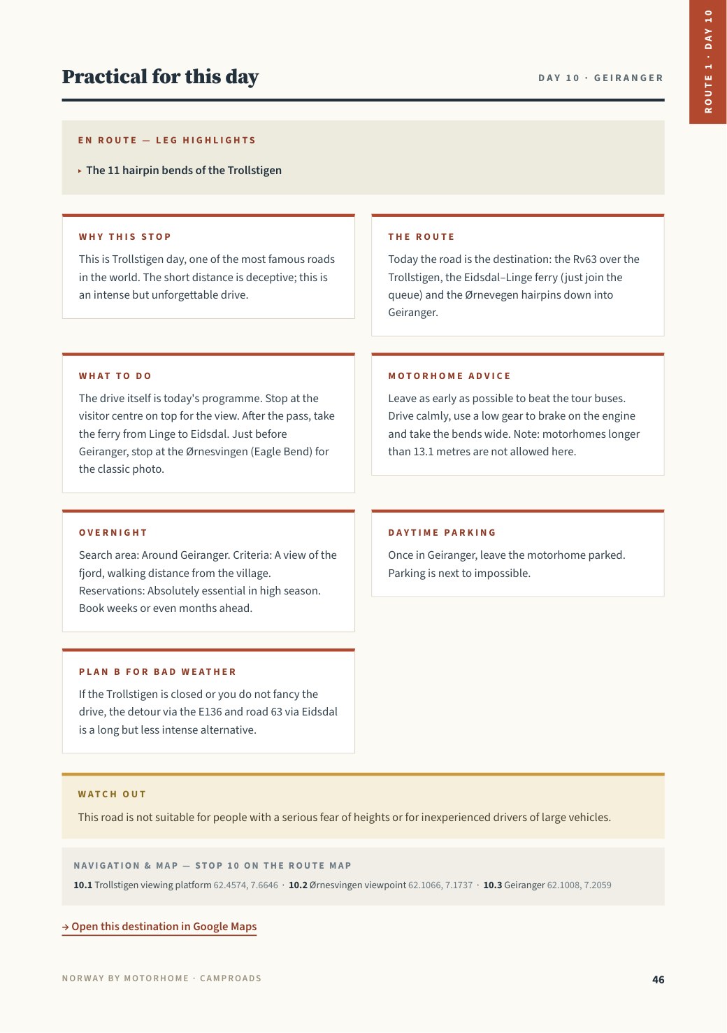 Practical page for day 10 with camper advice, where to stay, plan B and GPS coordinates