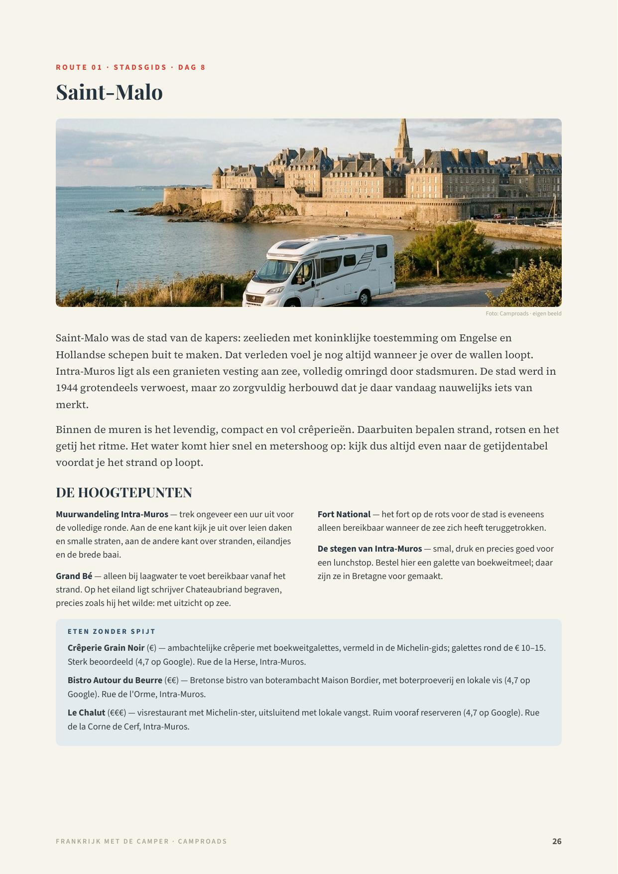 Stadsgidspagina Saint-Malo uit de Frankrijk-gids met panoramafoto van de vestingstad, de hoogtepunten en restauranttips