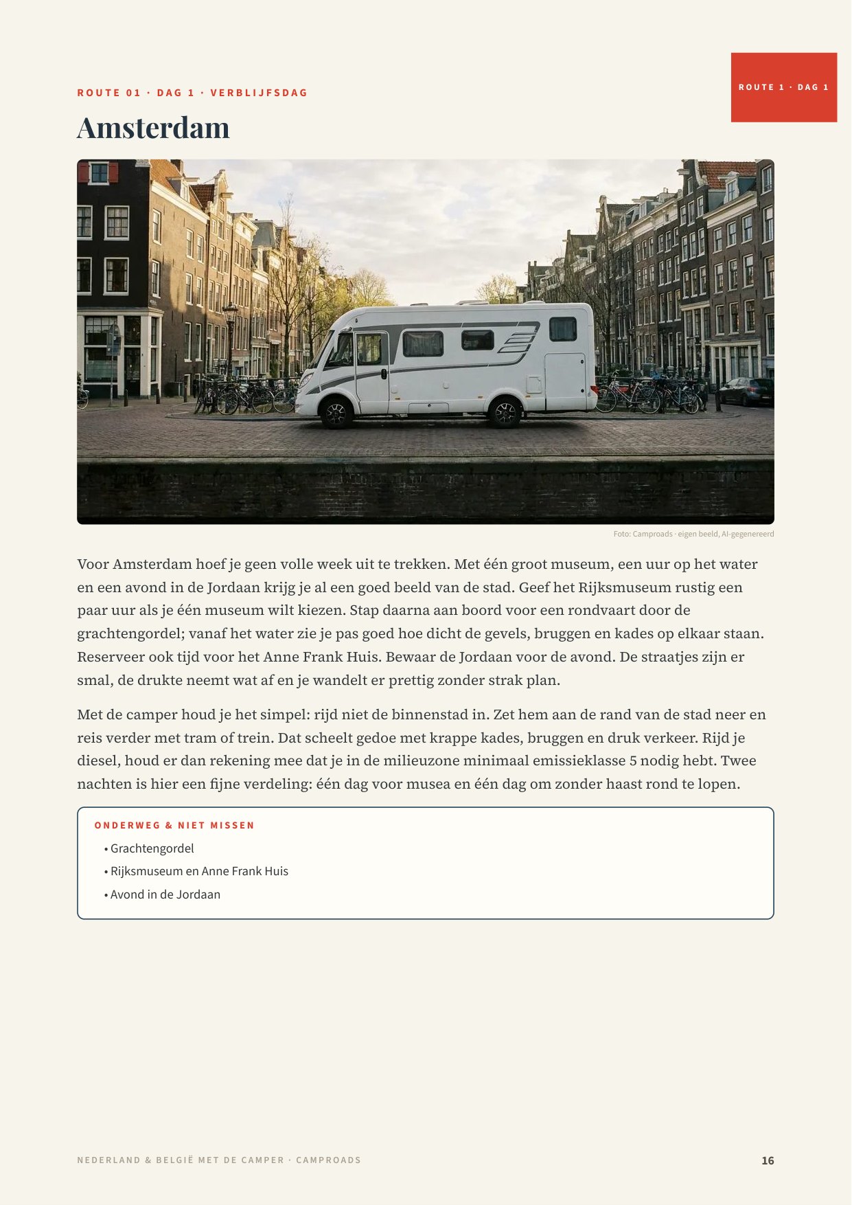 Dagpagina uit de Nederland & België-gids: route 1, dag 1 in Amsterdam met foto en het verhaal van de dag