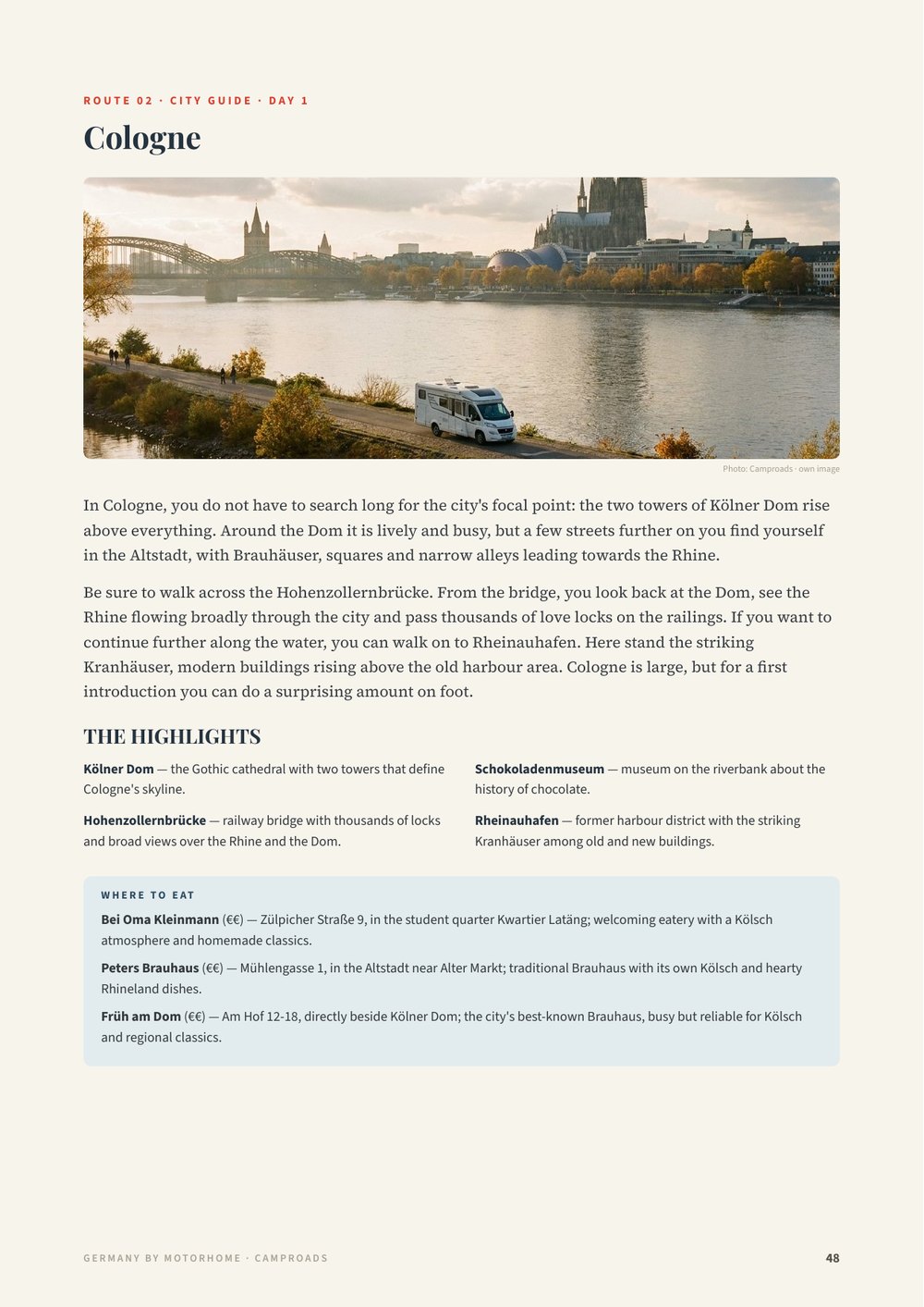 City guide page for Cologne from the Germany guide with a panorama photo of the Rhine and the cathedral, the highlights and restaurant tips