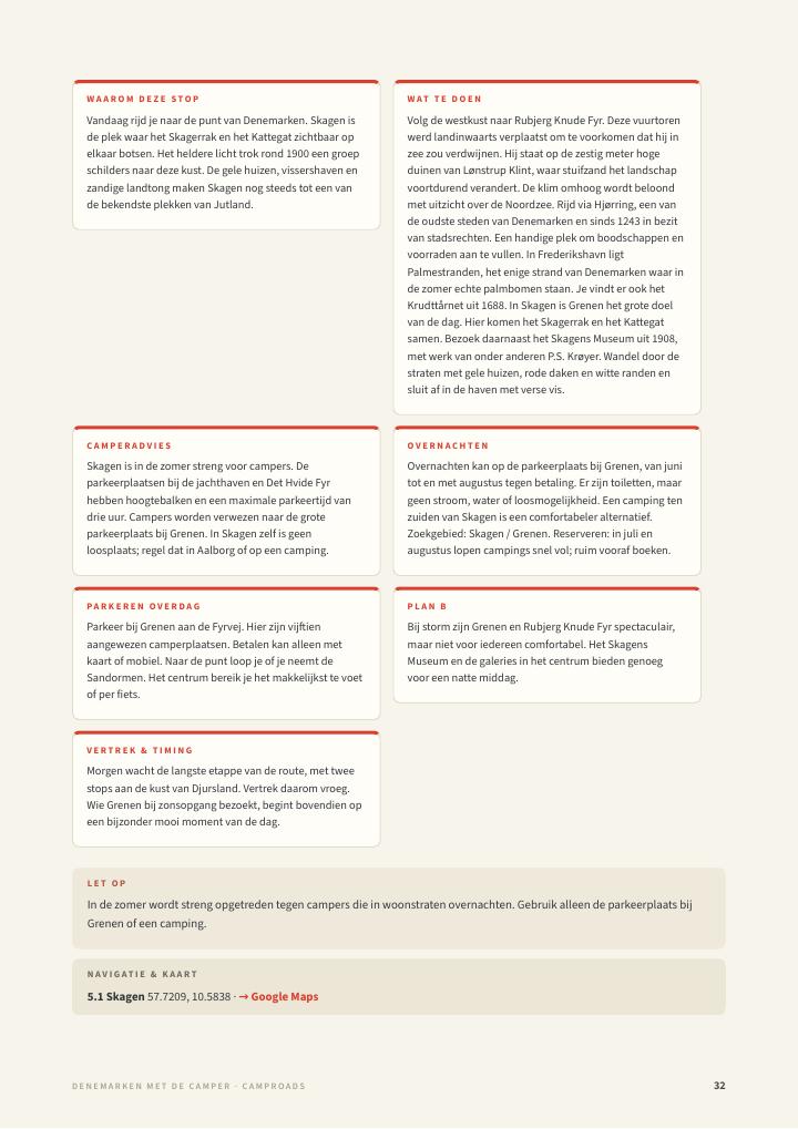 Praktische dagpagina uit de Denemarken-gids over Skagen met camperadvies, overnachten, Plan B en GPS met Google Maps-link