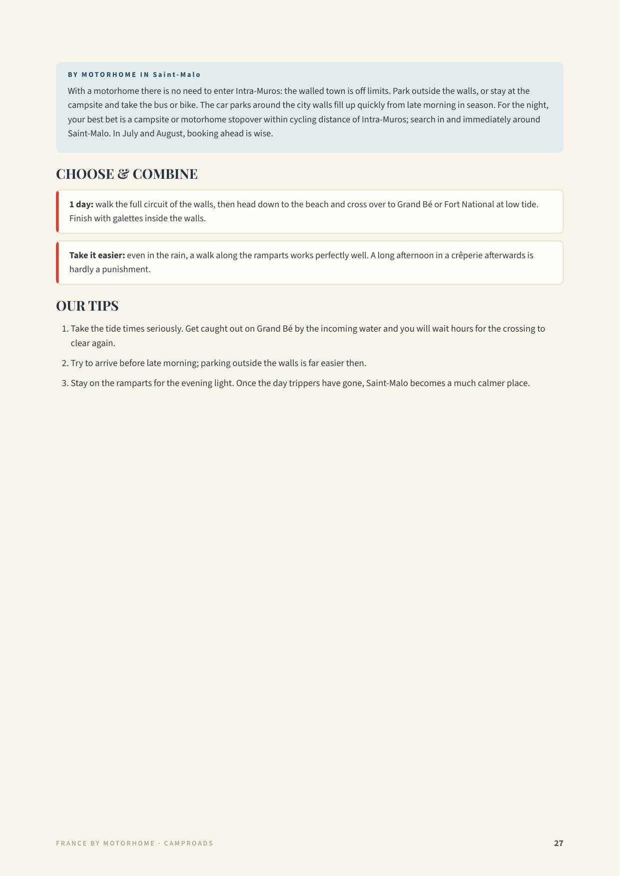 Follow-up page of the Saint-Malo city guide with motorhome advice, choose & combine and numbered tips