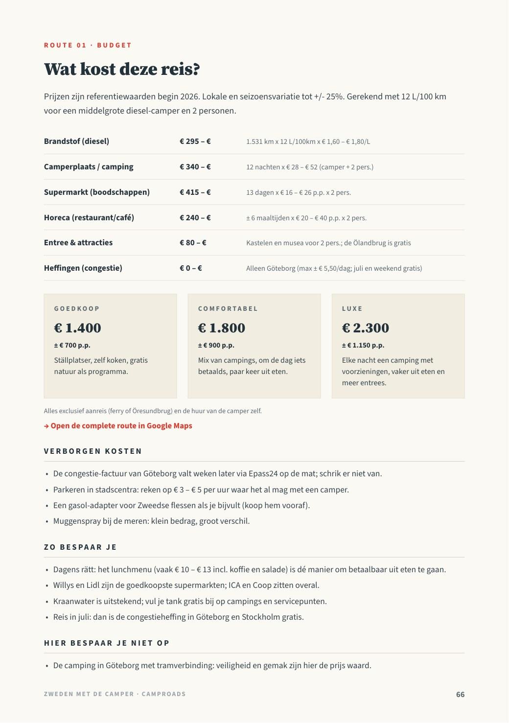 Budgetpagina van route 1 met scenario's zuinig, comfortabel en luxe