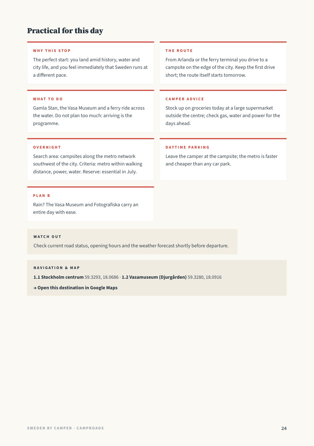 Day 1 practical page with camper advice and plan B