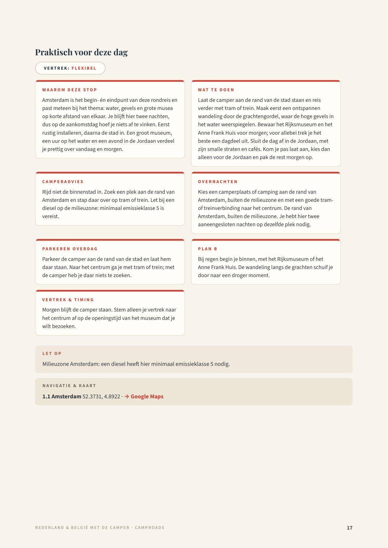 Praktische dagpagina over Amsterdam met camperadvies, overnachten, Plan B en GPS met Google Maps-link