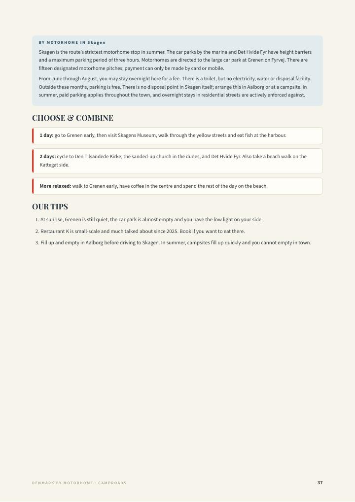 Follow-up page of the Skagen city guide with motorhome advice, choose & combine and numbered tips