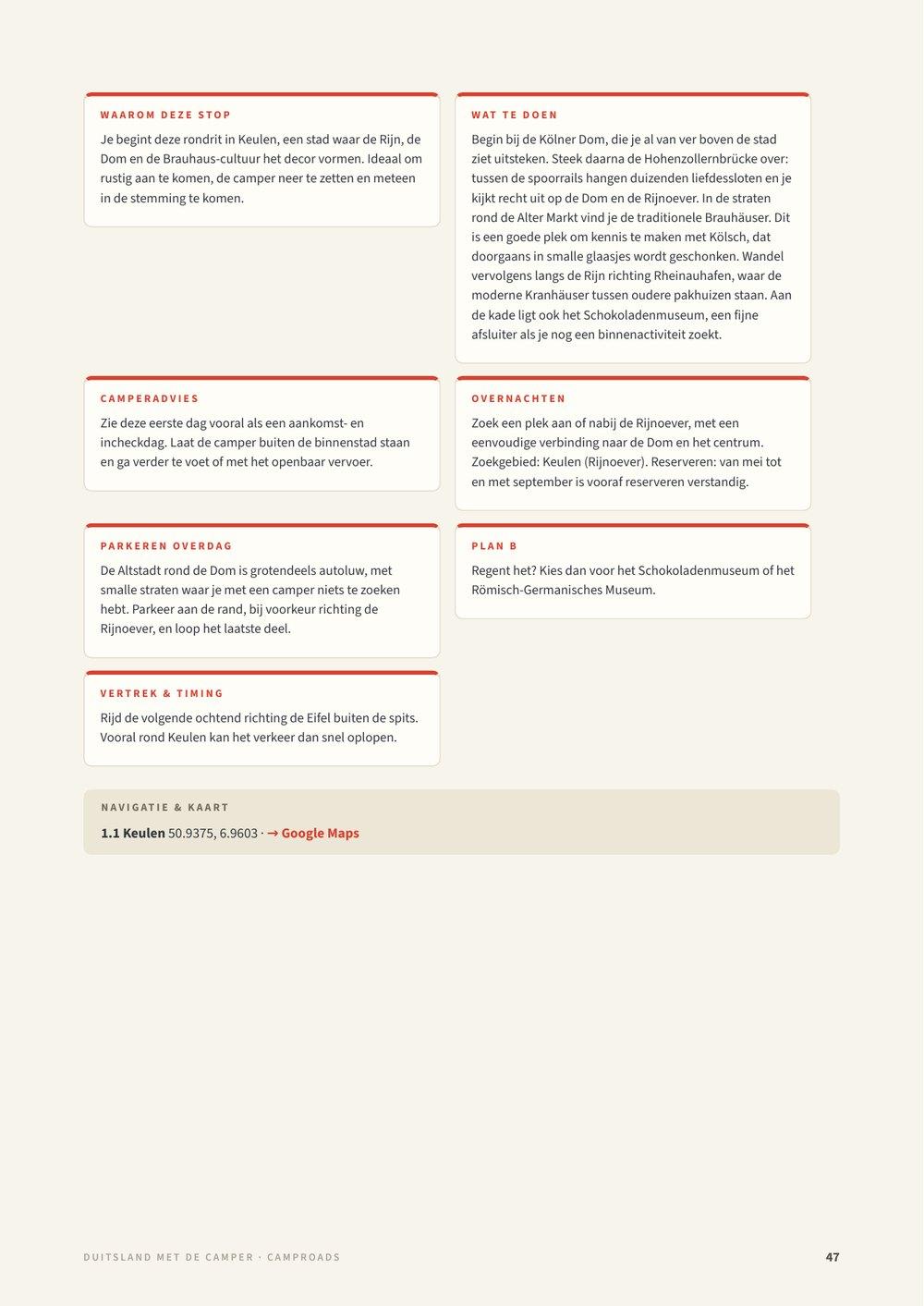 Praktische dagpagina uit de Duitsland-gids over Keulen met camperadvies, overnachten, Plan B en GPS met Google Maps-link