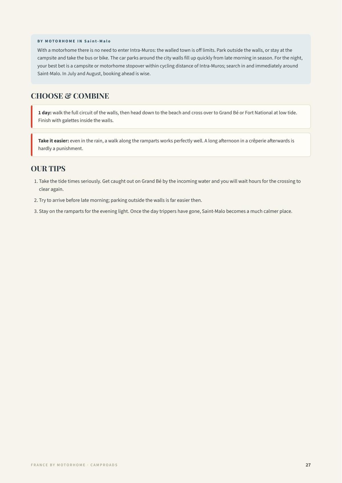 Follow-up page of the Saint-Malo city guide with motorhome advice, choose & combine and numbered tips