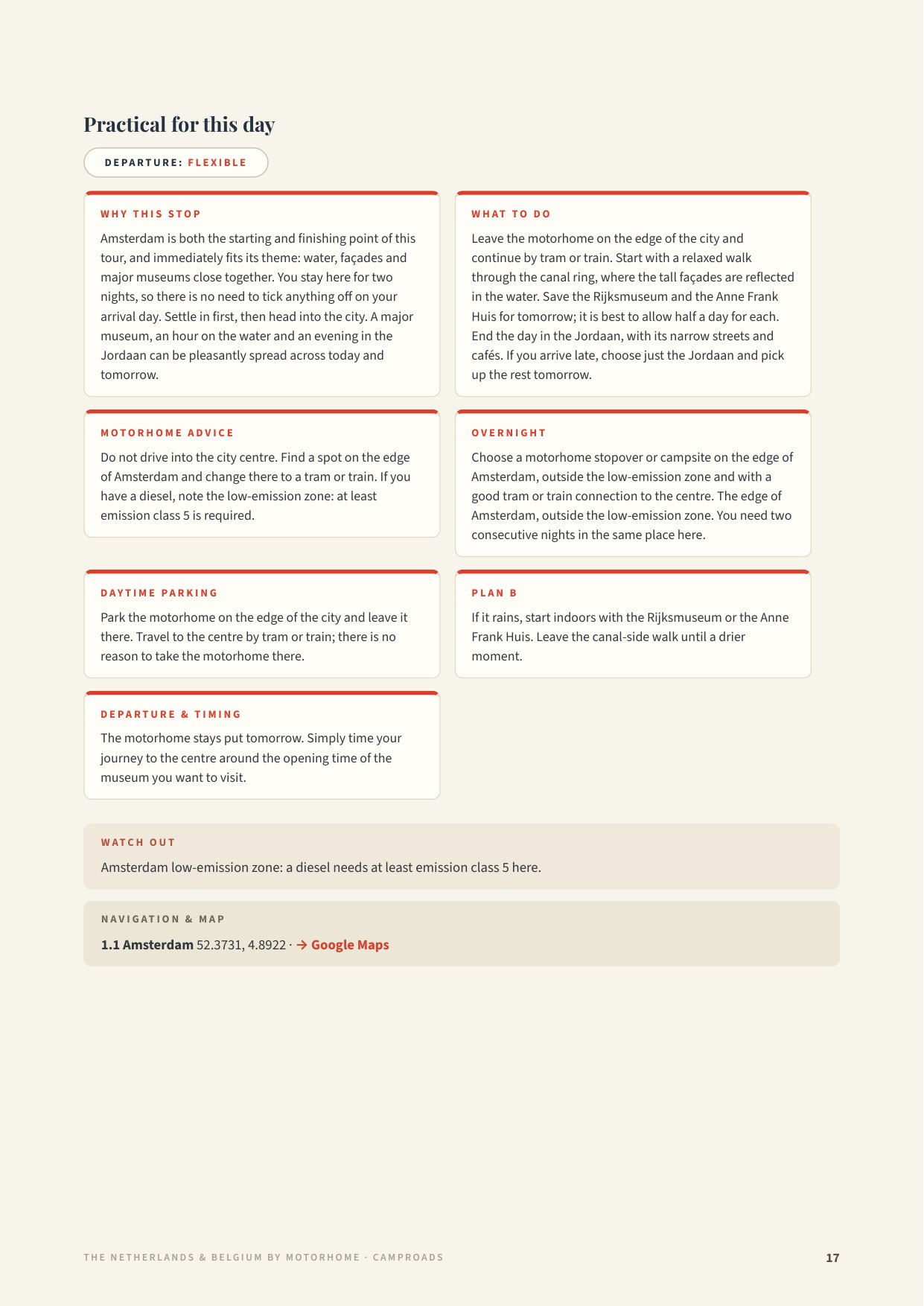 Practical day page about Amsterdam with motorhome advice, overnight, Plan B and GPS with Google Maps link