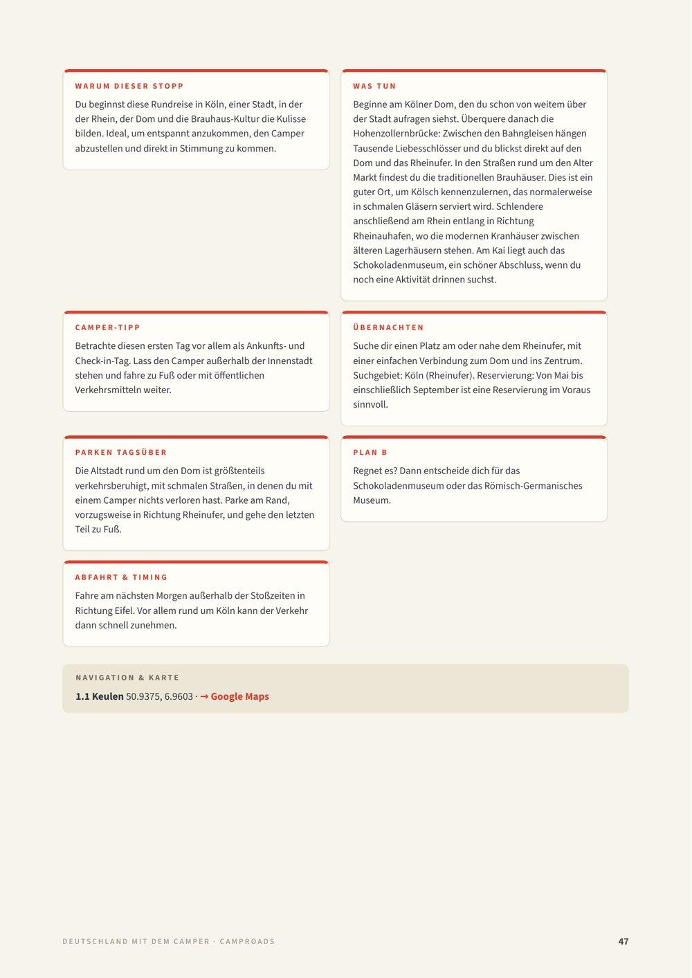 Praxisseite aus dem Deutschland-Reiseführer zu Köln mit Wohnmobil-Tipps, Übernachten, Plan B und GPS mit Google-Maps-Link