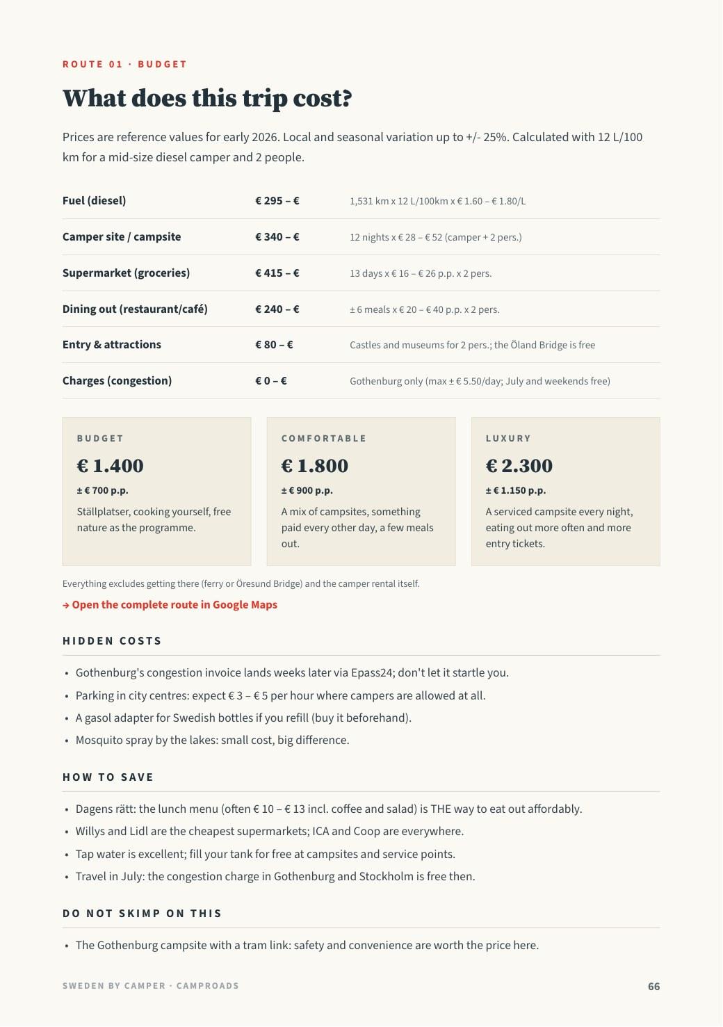 Budget page of route 1 with the scenarios economical, comfortable and luxurious
