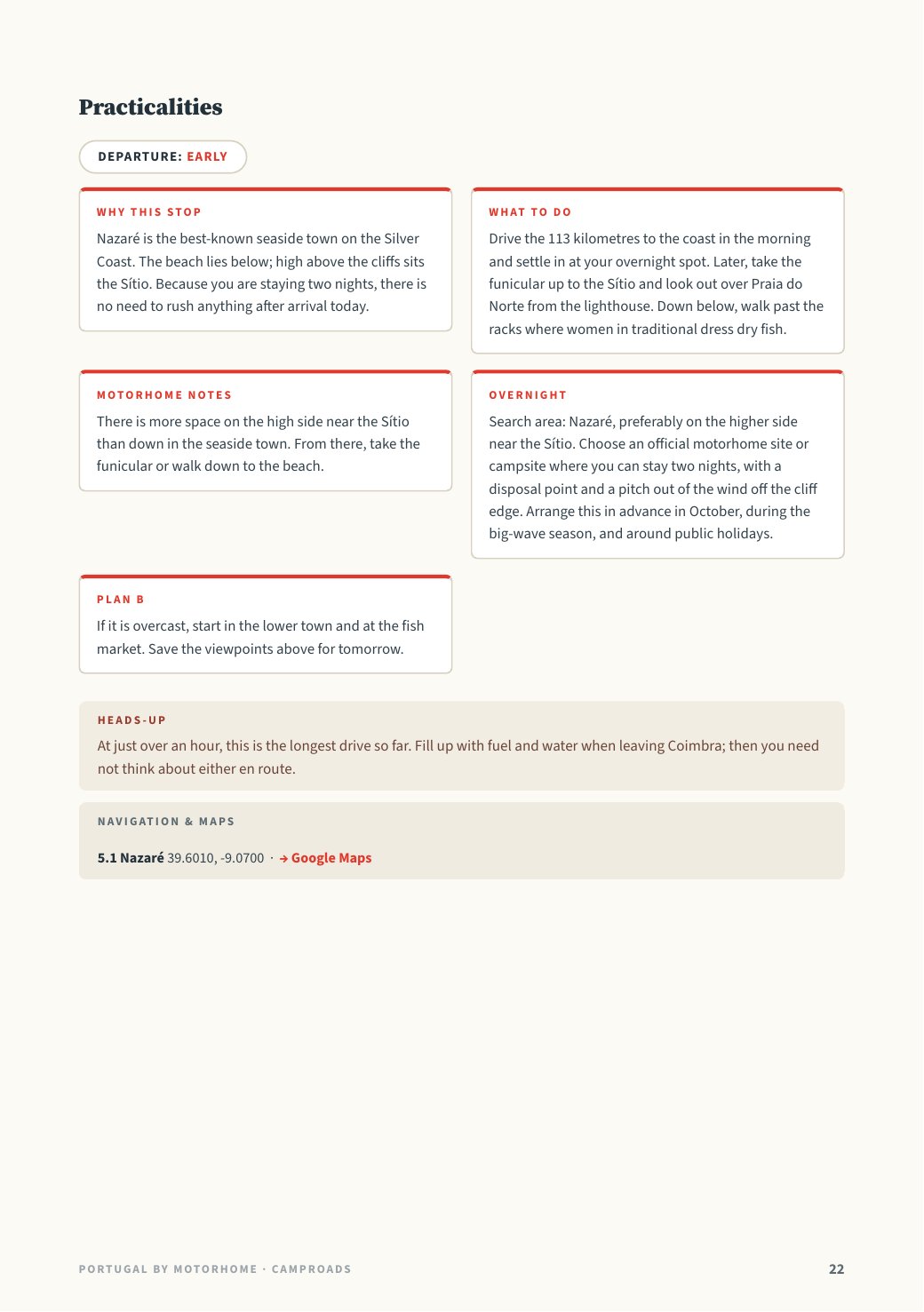 Day 5 practical page with GPS, motorhome advice and Plan B