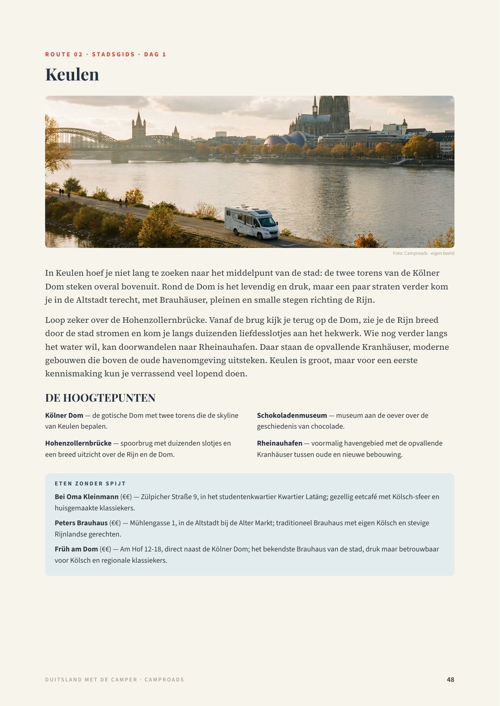 Stadsgidspagina Keulen uit de Duitsland-gids met panoramafoto van de Rijn en de Dom, de hoogtepunten en restauranttips