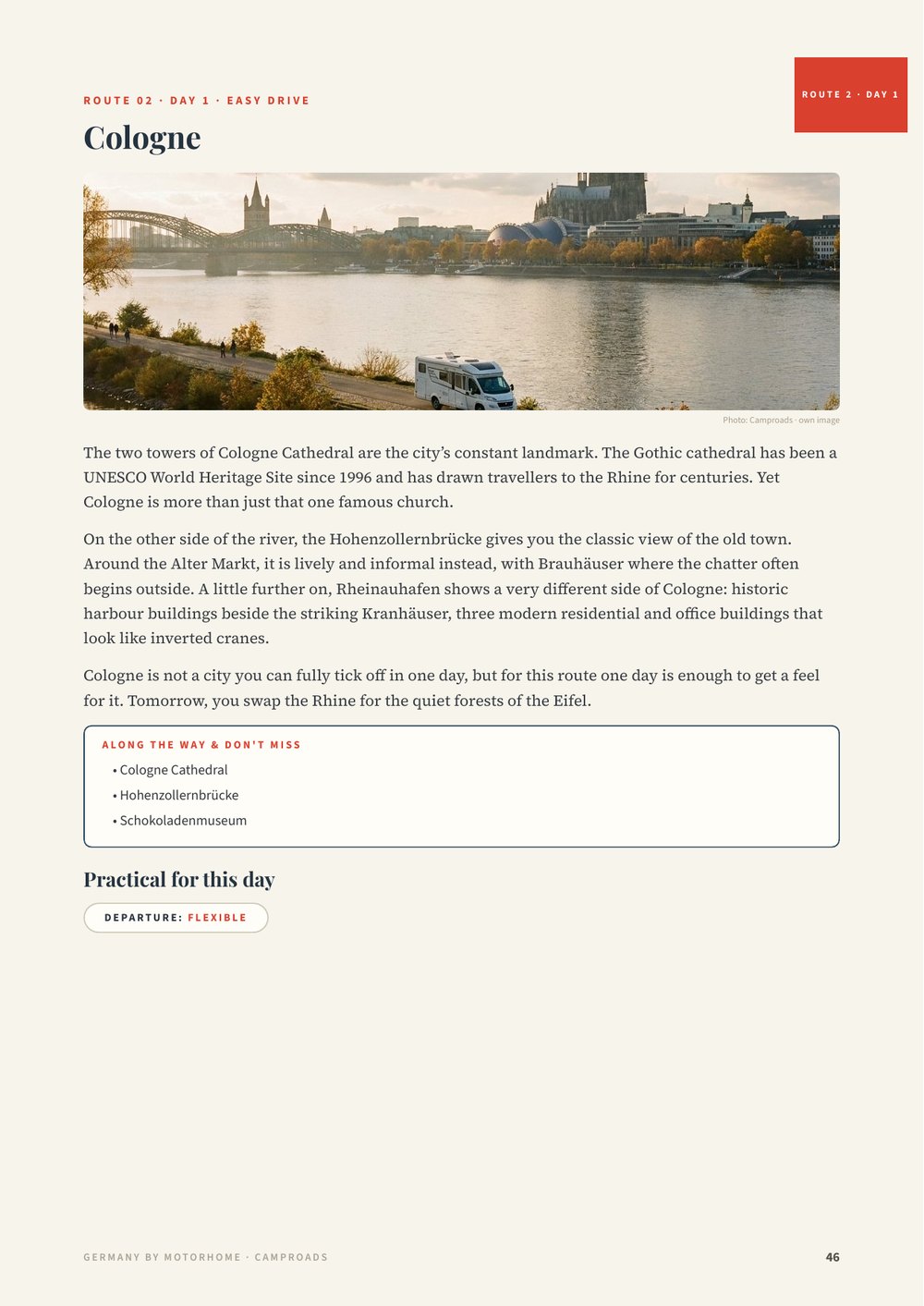 Day page from the Germany guide: Cologne with a panorama photo of the skyline and the cathedral plus the story of the day