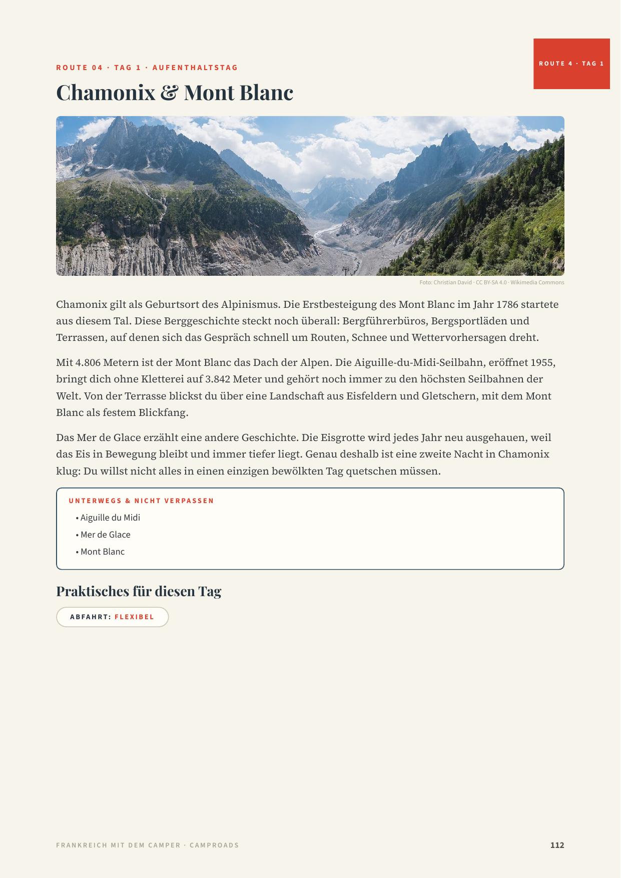 Tagesseite aus dem Frankreich-Reiseführer: Chamonix & Mont Blanc mit Panoramafoto und der Geschichte des Tages