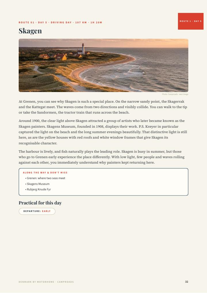 Day page from the Denmark guide: Skagen with a panorama photo of the sandy spit at Grenen plus the story of the day