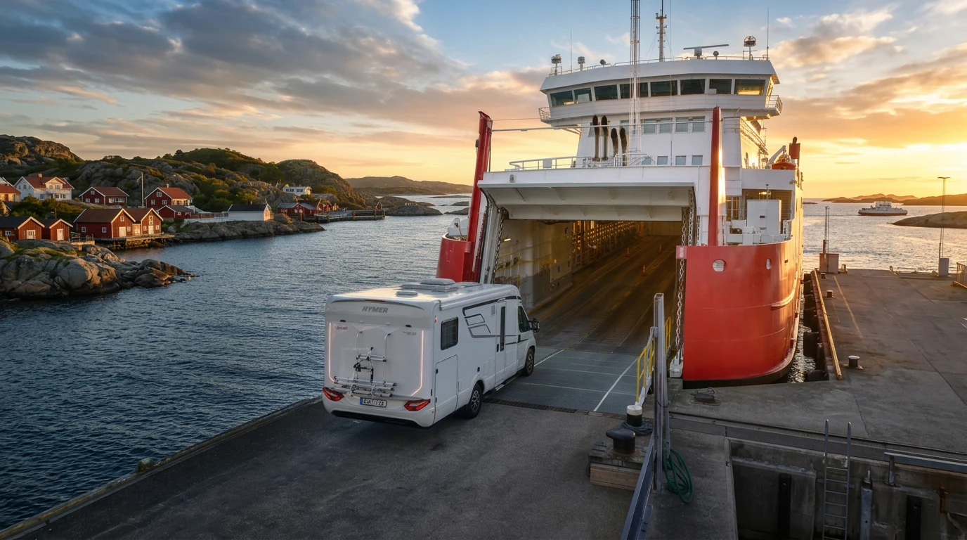 Wohnmobil fährt an einer Küstenfähre an Bord