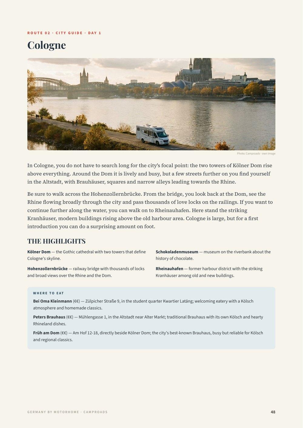 City guide page for Cologne from the Germany guide with a panorama photo of the Rhine and the cathedral, the highlights and restaurant tips