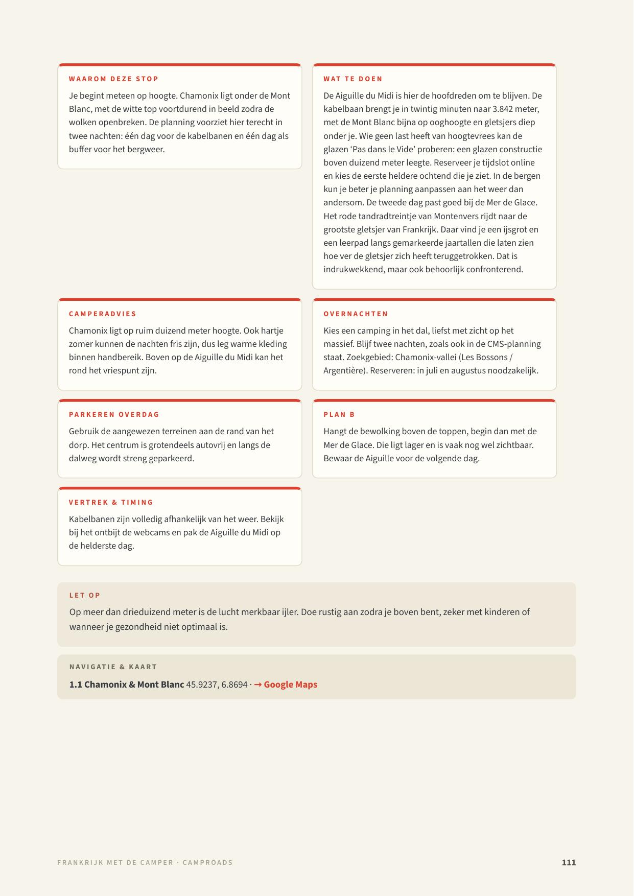 Praktische dagpagina uit de Frankrijk-gids met camperadvies, overnachten, Plan B en GPS met Google Maps-link