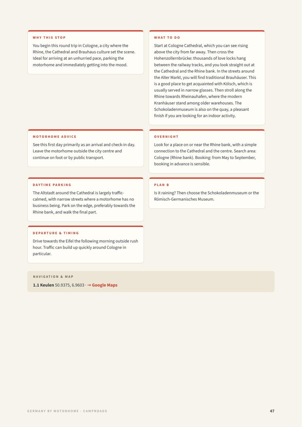 Practical day page from the Germany guide on Cologne with campervan advice, overnight area, Plan B and GPS with a Google Maps link
