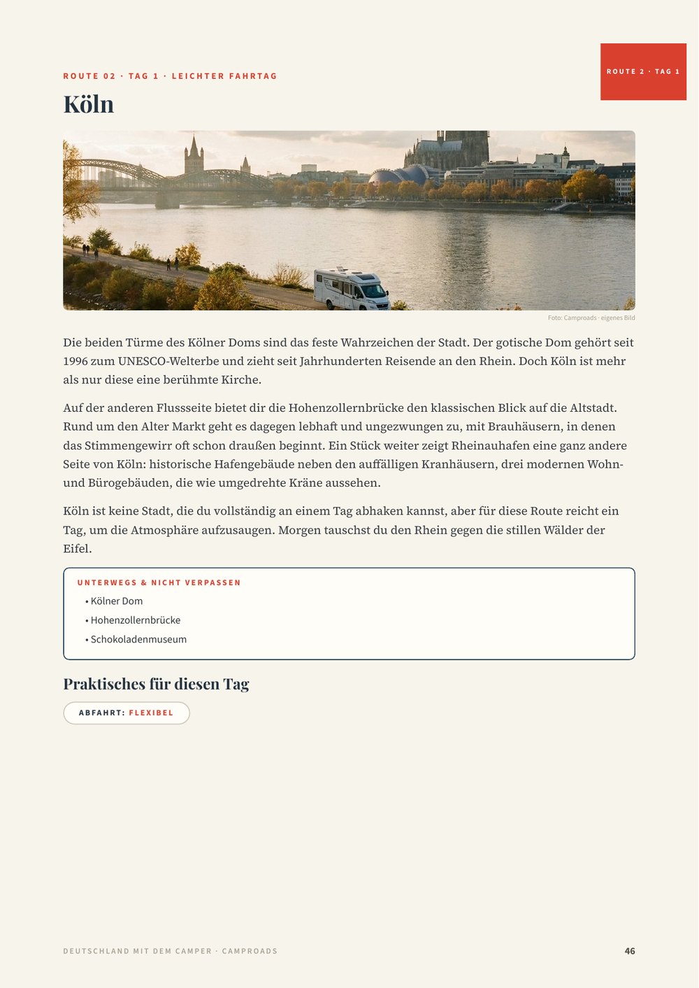 Tagesseite aus dem Deutschland-Reiseführer: Köln mit Panoramafoto der Skyline mit dem Dom und der Geschichte des Tages